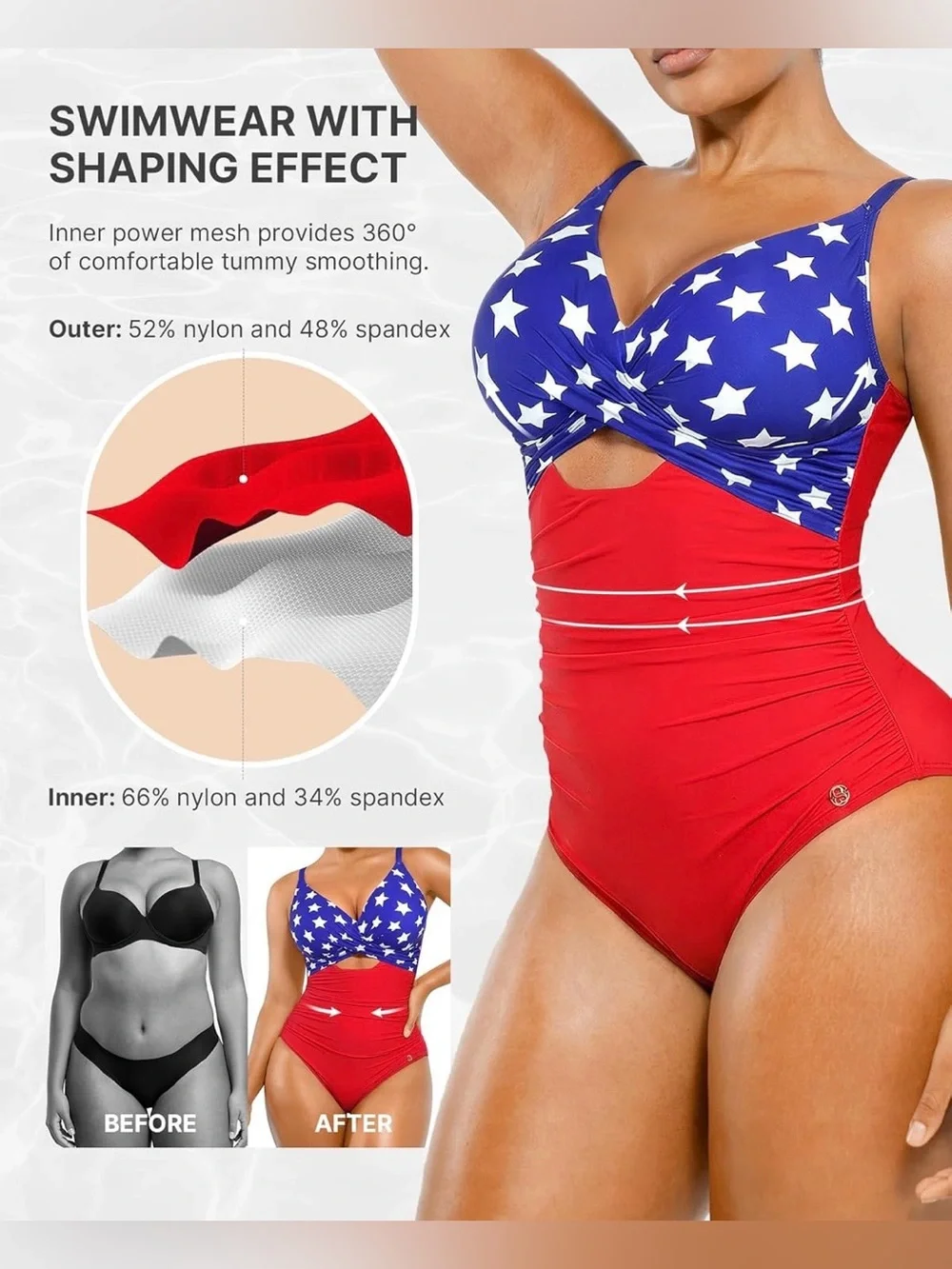SHAPELLX Tummy Control Swimsuit Women V Neck Bathing Ruched Push Up Built-in Bra